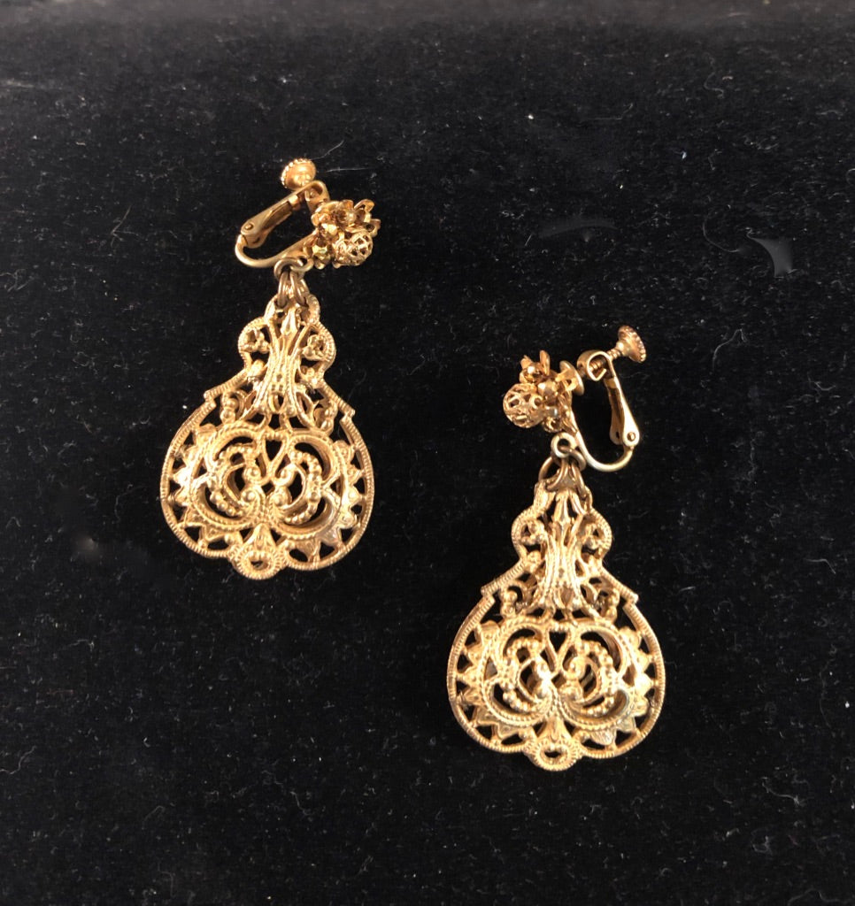 Miriam Haskell "Russian Gold" colored Filagree Drop Earrings