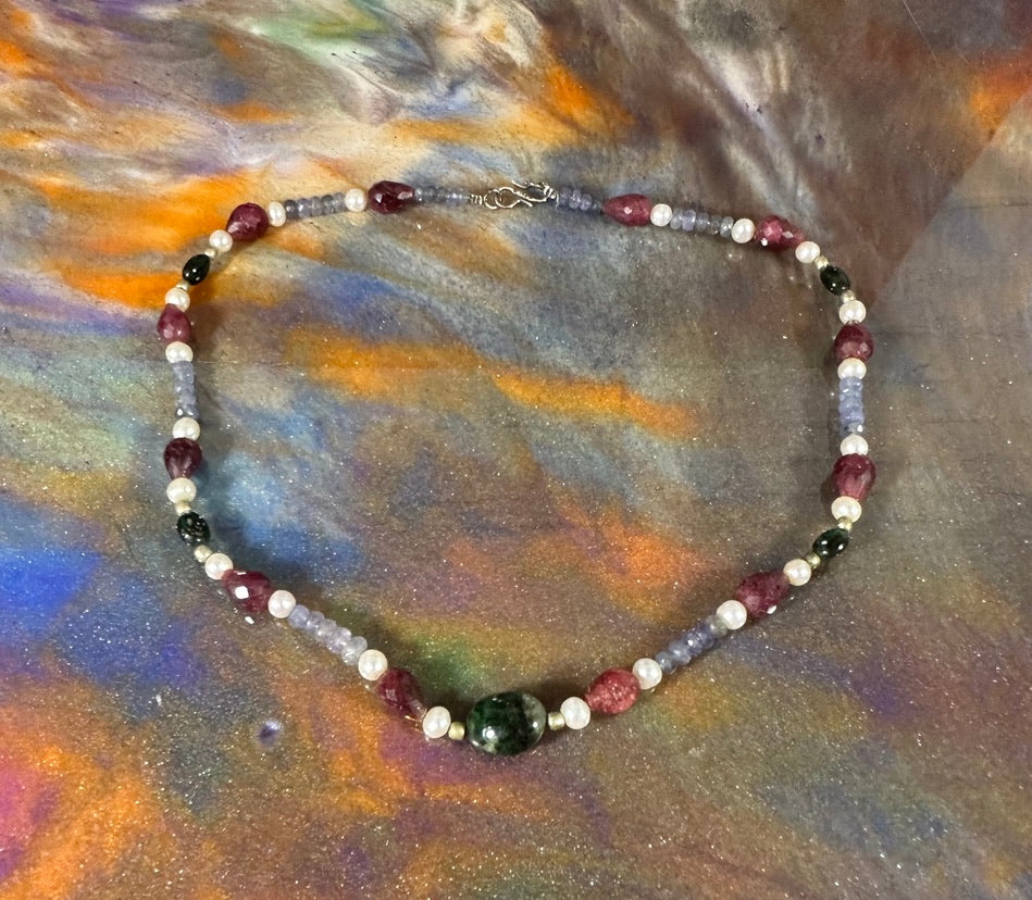 Raw stone Tanzanite, Ruby, Pearl and Emerald neckace