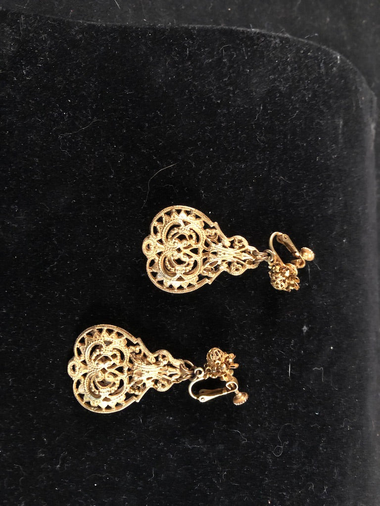 Miriam Haskell "Russian Gold" colored Filagree Drop Earrings