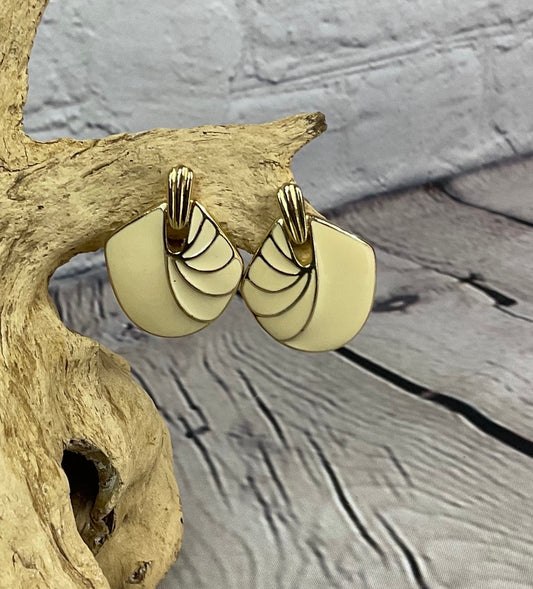 VIntage Cream Enamel and Gold Clip-on Earrings