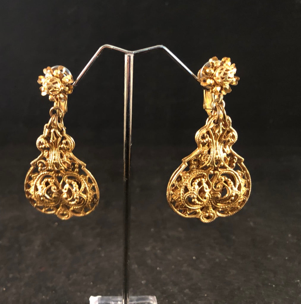 Miriam Haskell "Russian Gold" colored Filagree Drop Earrings