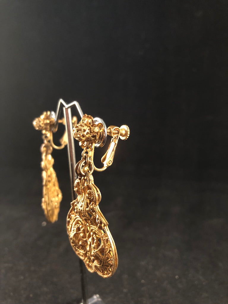 Miriam Haskell "Russian Gold" colored Filagree Drop Earrings