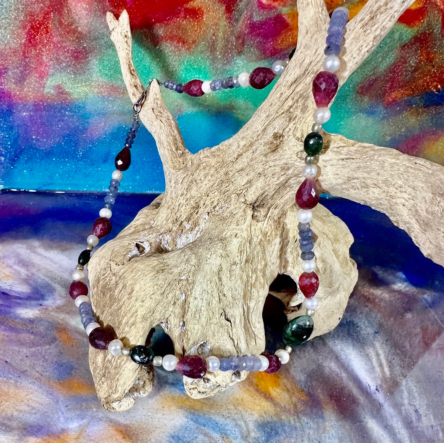 Raw stone Tanzanite, Ruby, Pearl and Emerald neckace