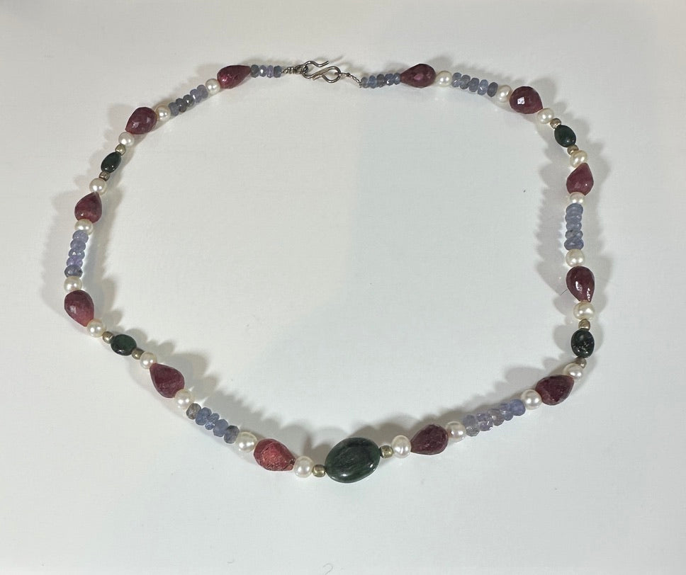 Raw stone Tanzanite, Ruby, Pearl and Emerald neckace