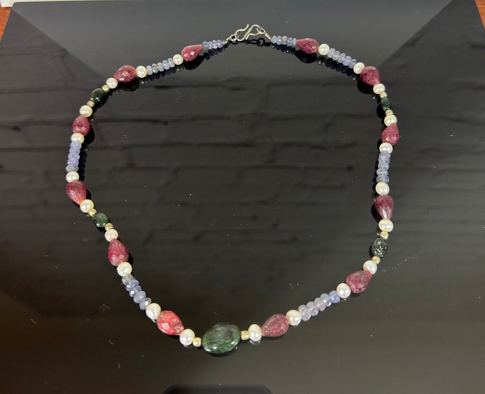 Raw stone Tanzanite, Ruby, Pearl and Emerald neckace