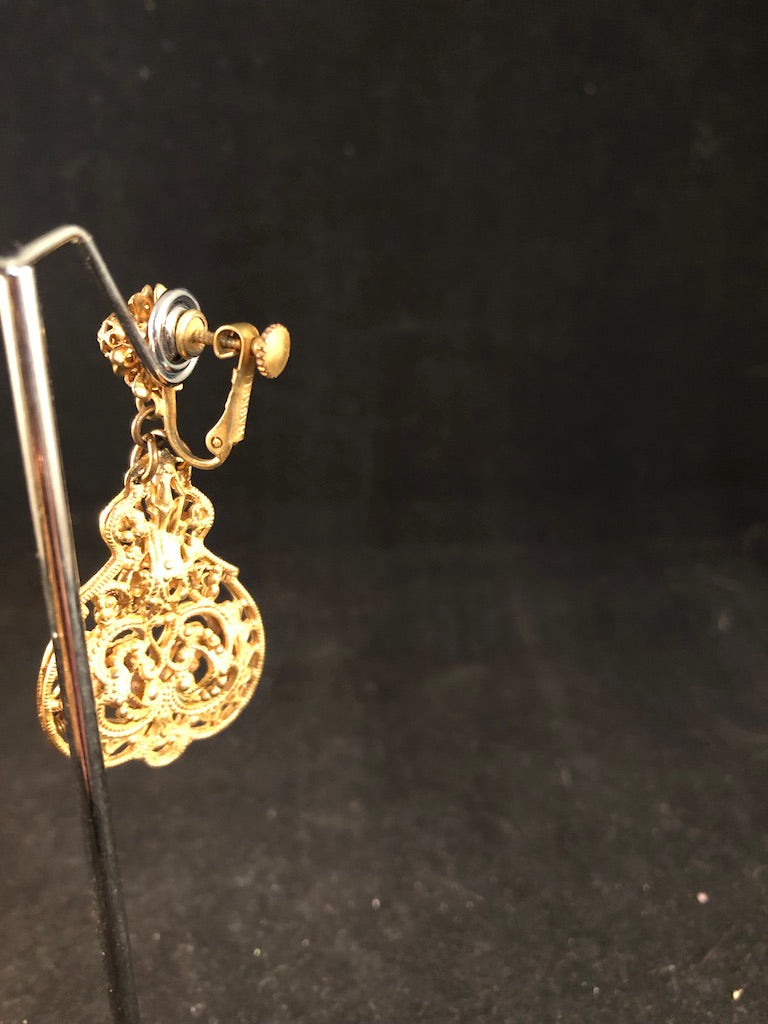 Miriam Haskell "Russian Gold" colored Filagree Drop Earrings