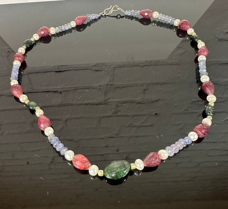 Raw stone Tanzanite, Ruby, Pearl and Emerald neckace