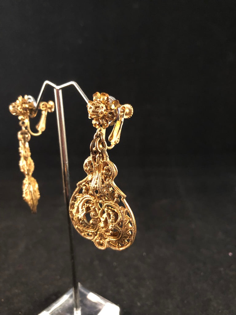 Miriam Haskell "Russian Gold" colored Filagree Drop Earrings