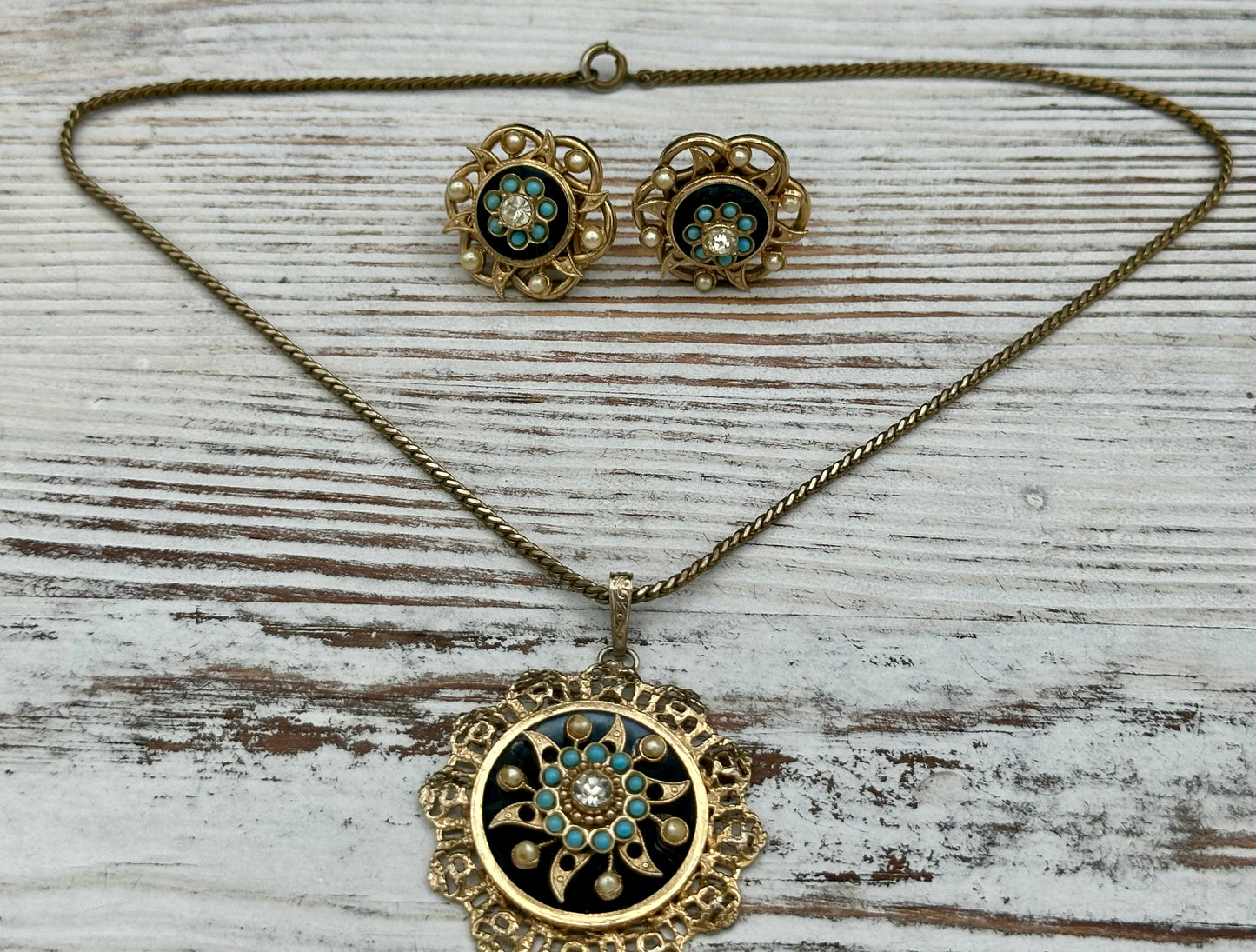 Victorian Era Necklace and Earring set- Goldtone and Black Star with faux pears, blue stone and crystal