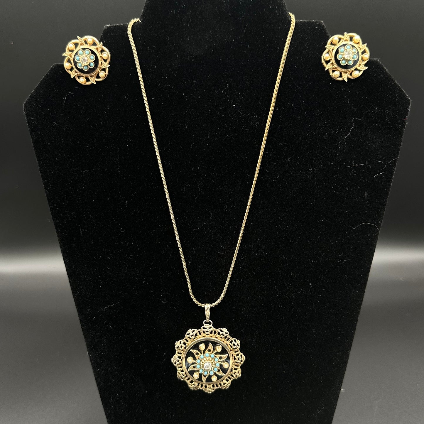 Victorian Era Necklace and Earring set- Goldtone and Black Star with faux pears, blue stone and crystal