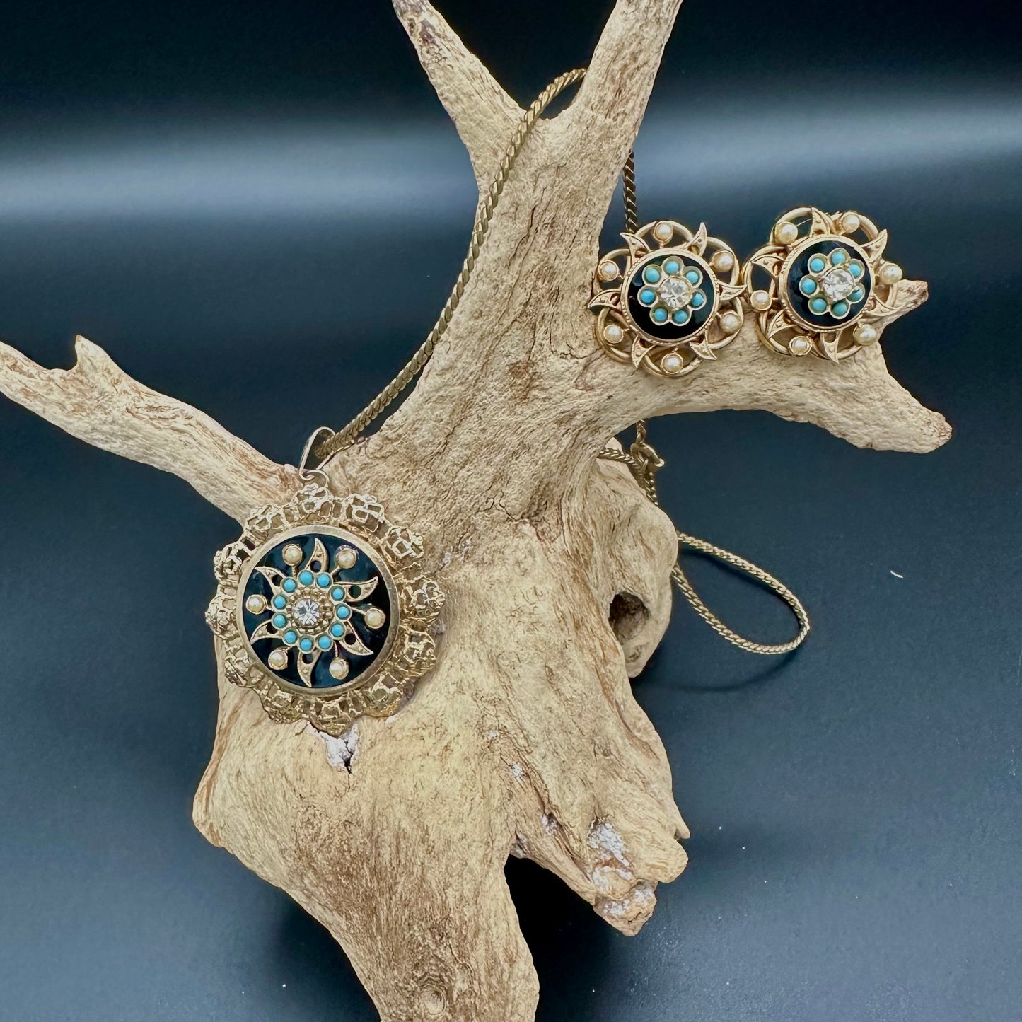 Victorian Era Necklace and Earring set- Goldtone and Black Star with faux pears, blue stone and crystal
