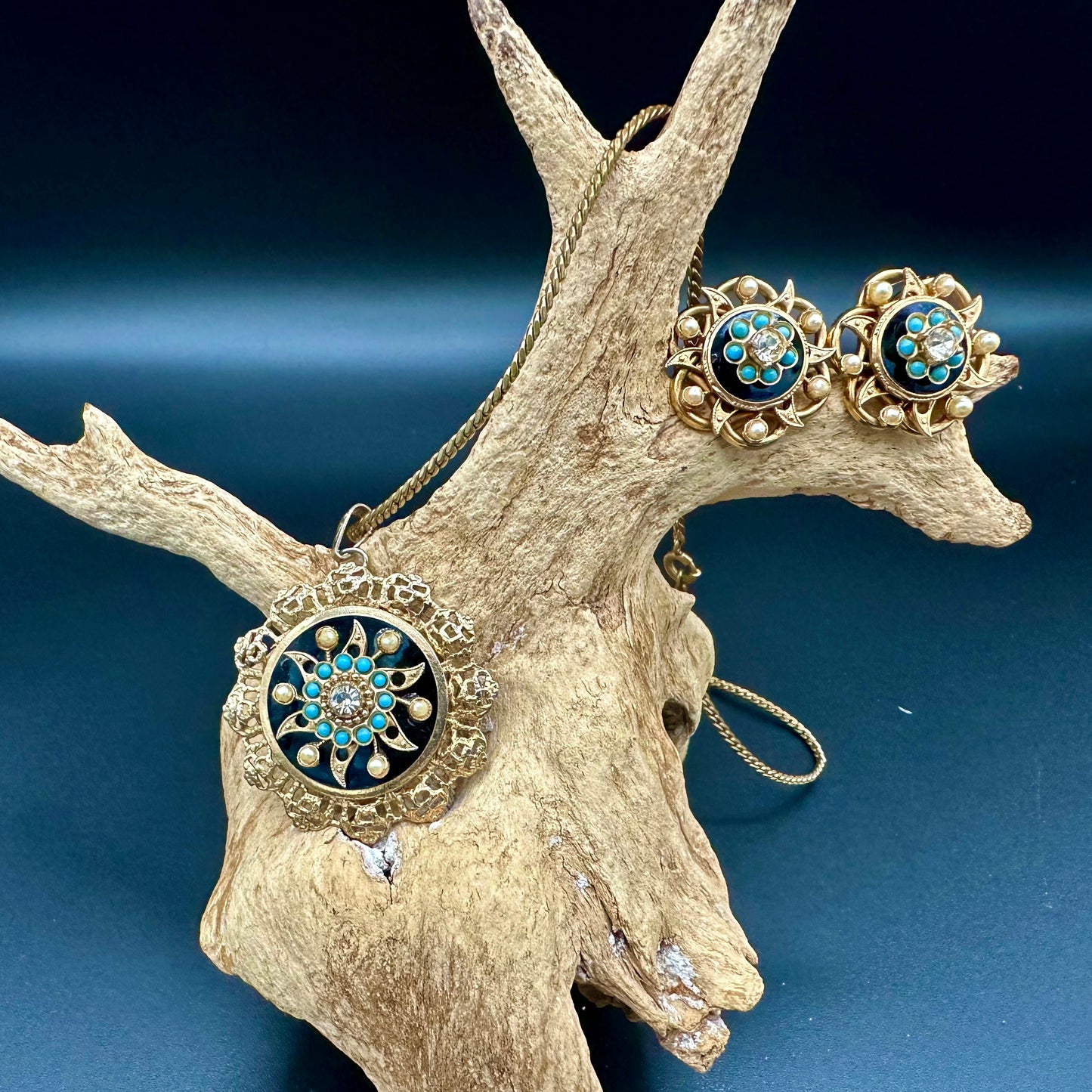 Victorian Era Necklace and Earring set- Goldtone and Black Star with faux pears, blue stone and crystal