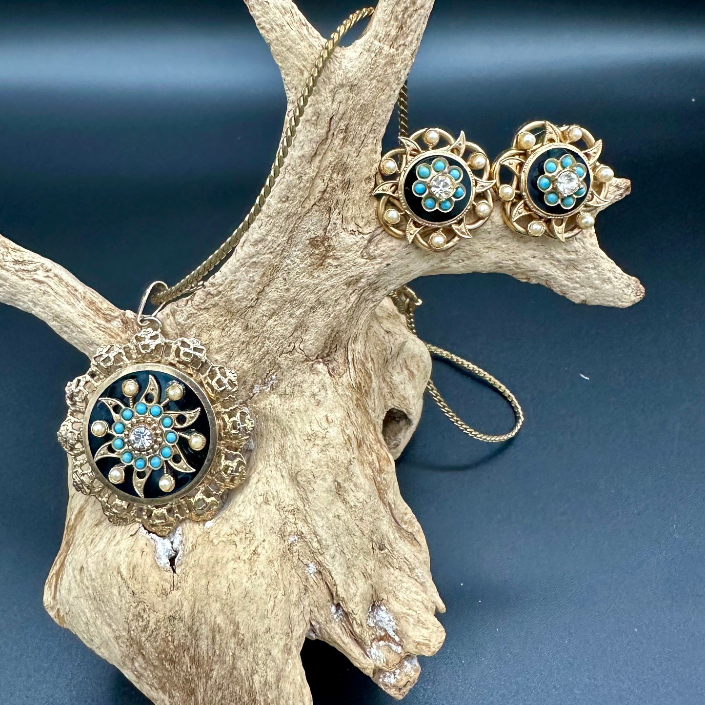 Victorian Era Necklace and Earring set- Goldtone and Black Star with faux pears, blue stone and crystal