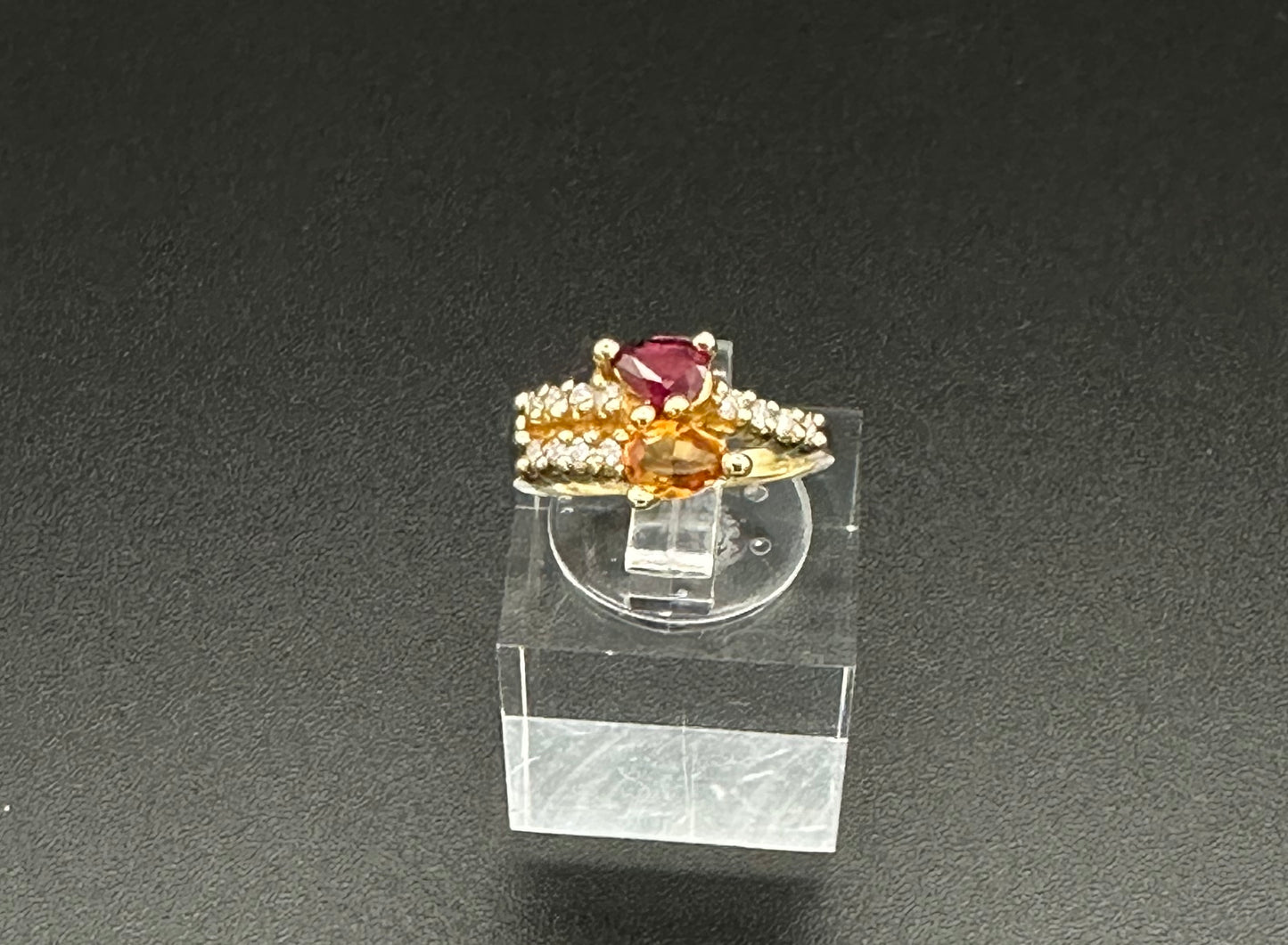 Citrine and Red Spinel bypass ring with diamond accents in 14K yellow gold