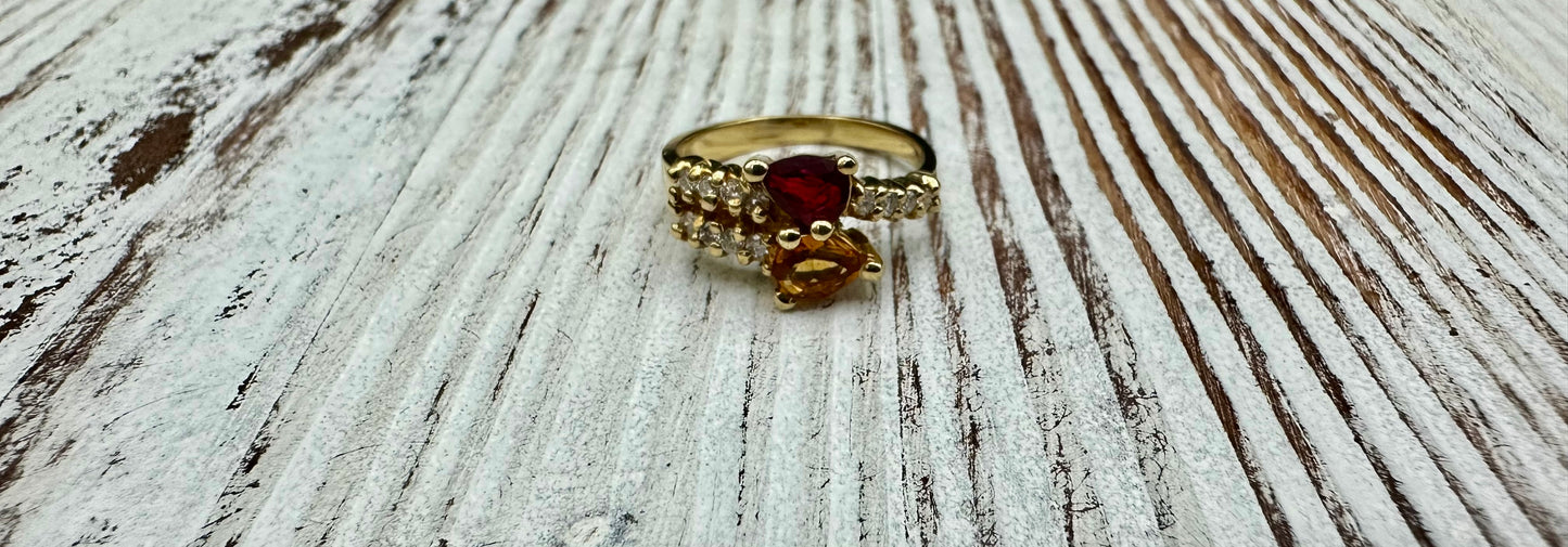 Citrine and Red Spinel bypass ring with diamond accents in 14K yellow gold