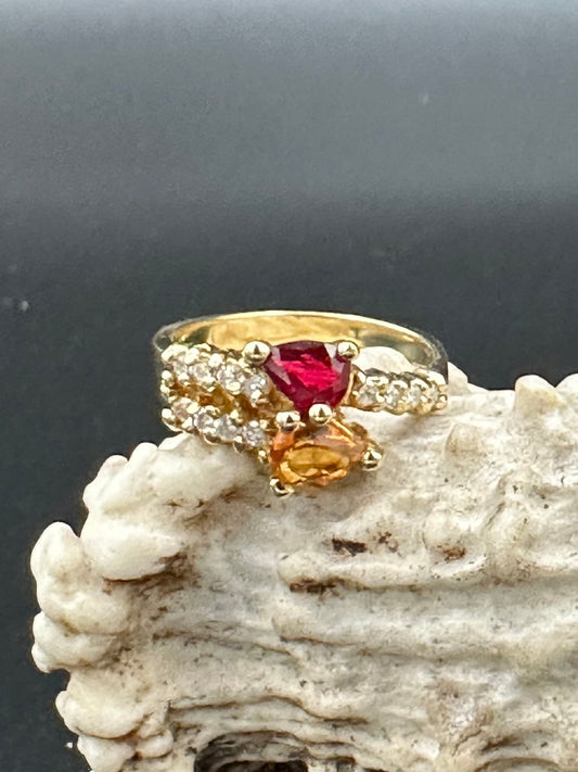 Citrine and Red Spinel bypass ring with diamond accents in 14K yellow gold