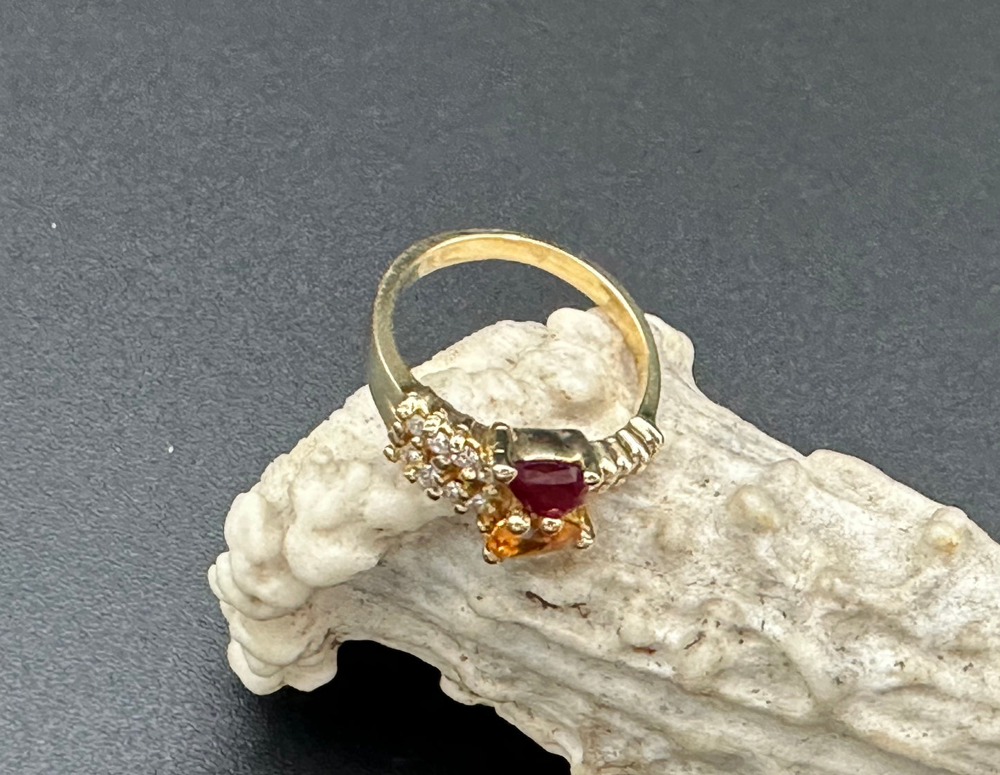 Citrine and Red Spinel bypass ring with diamond accents in 14K yellow gold