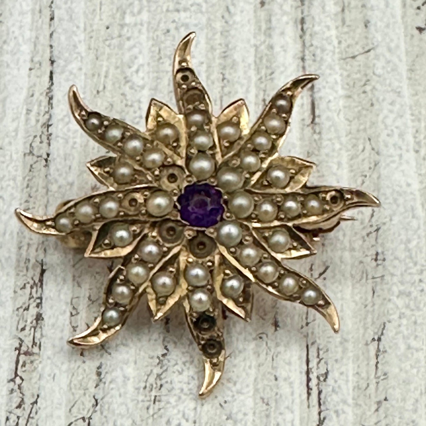 Antique Seed Pearl and Amethyst Starburst Brooch