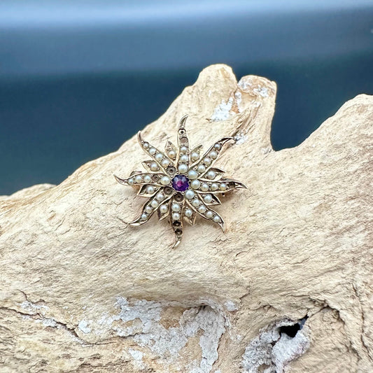 Antique Seed Pearl and Amethyst Starburst Brooch