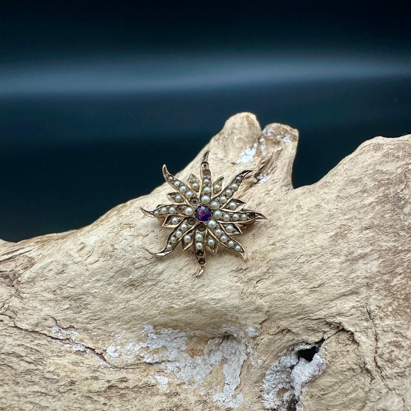 Antique Seed Pearl and Amethyst Starburst Brooch