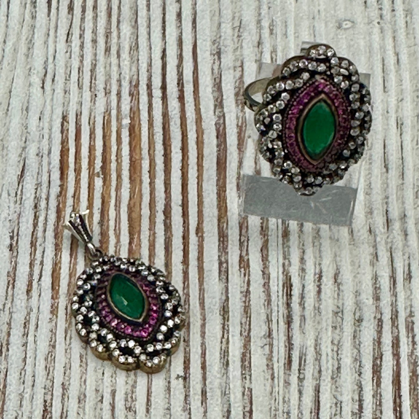 Turkish set- Pendant and ring with Emeralds and White and Red Topaz