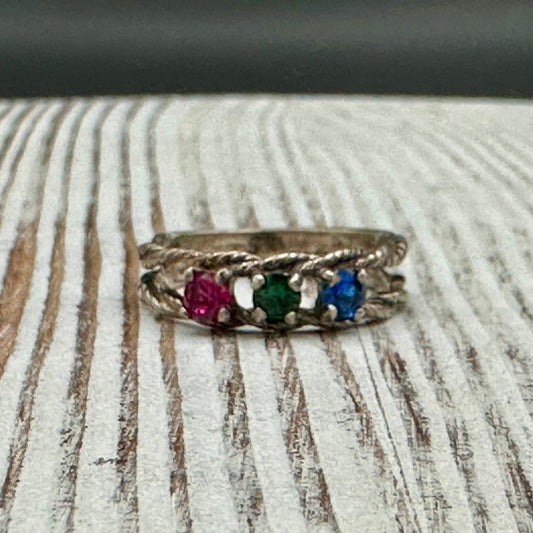 Double twisted Rope Sterling Silver ring with multicolored stones