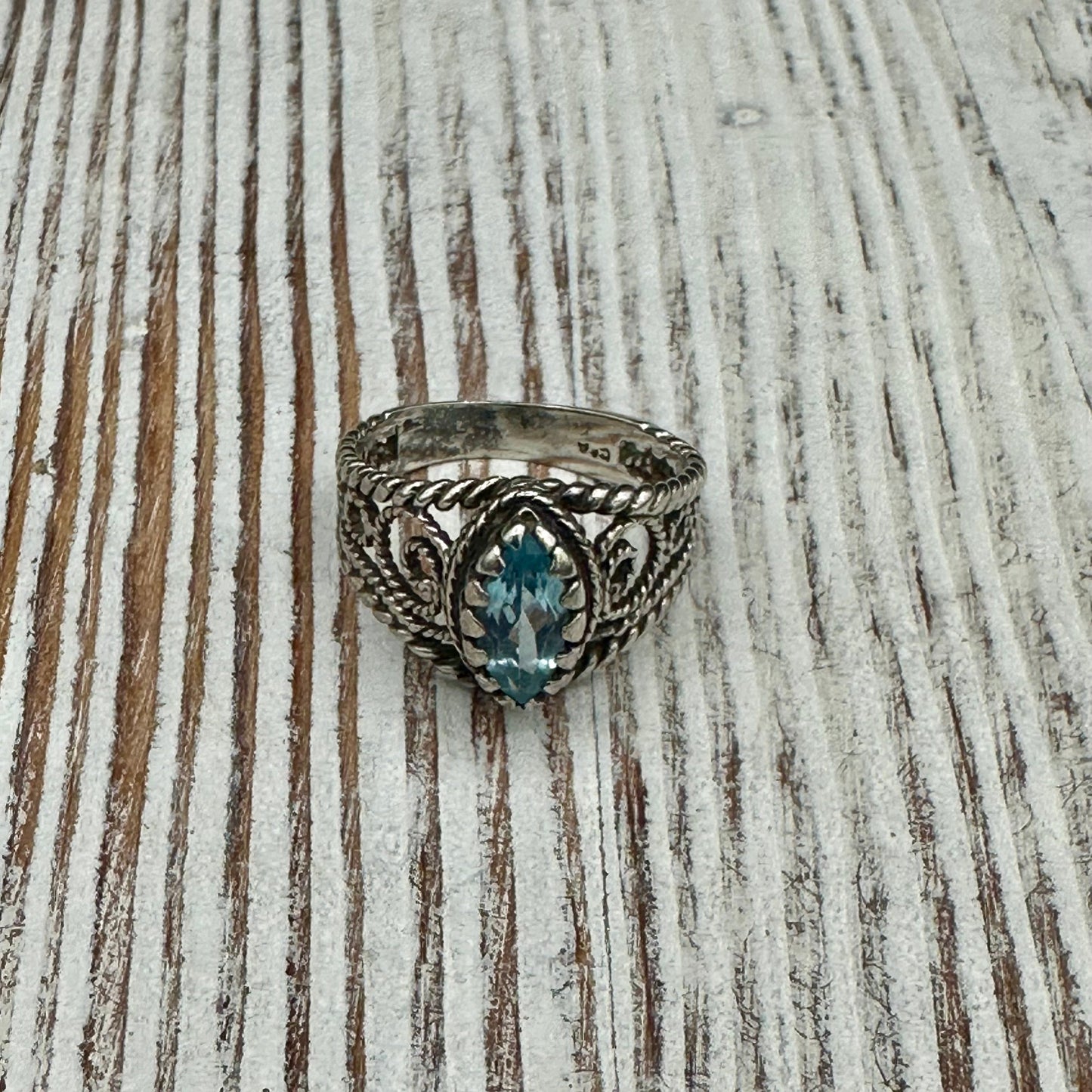 Sterling Silver Twisted Rope ring with Blue Topaz