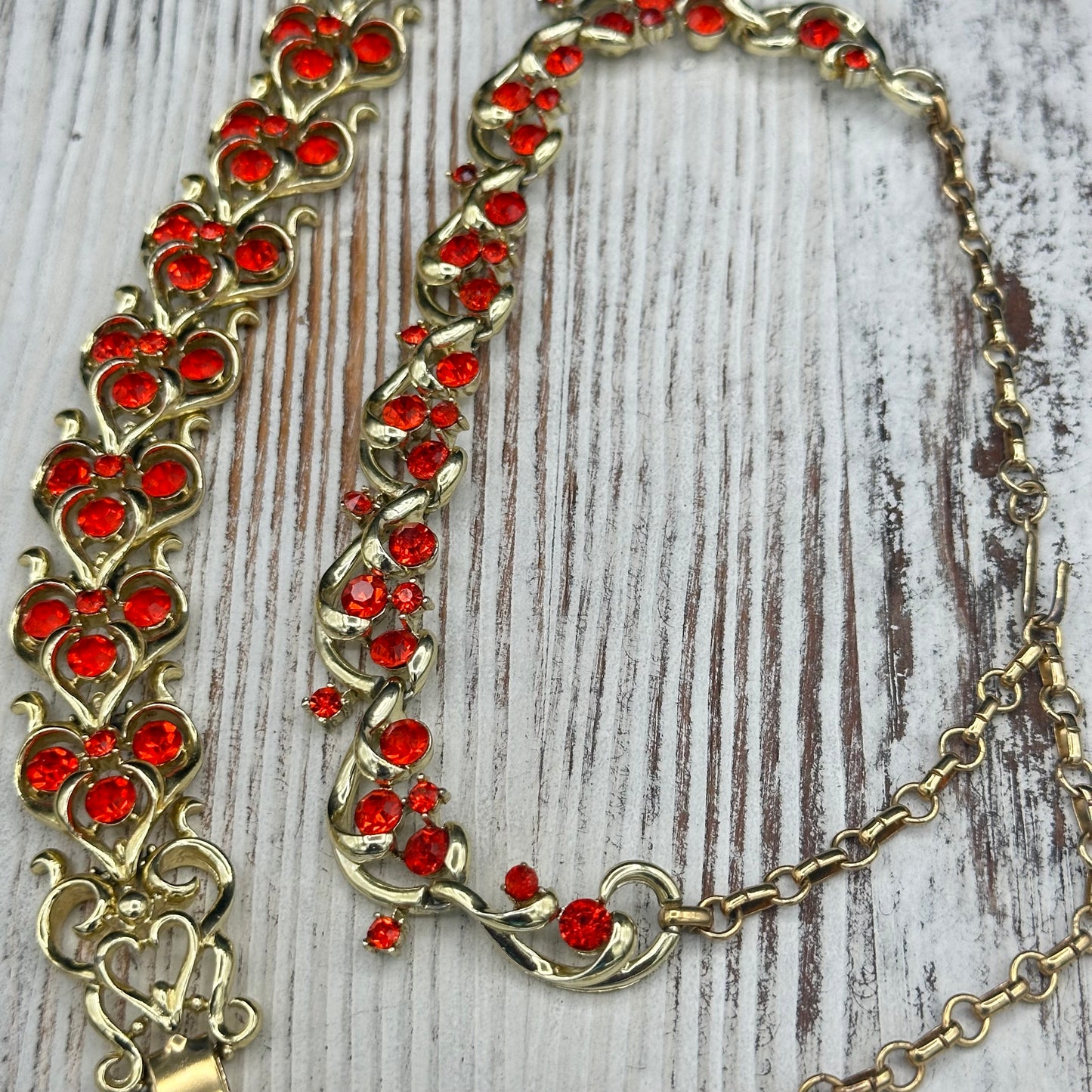 Signed Coro Bracelet and Necklace with Brilliant Orange Crystals in Gold tone