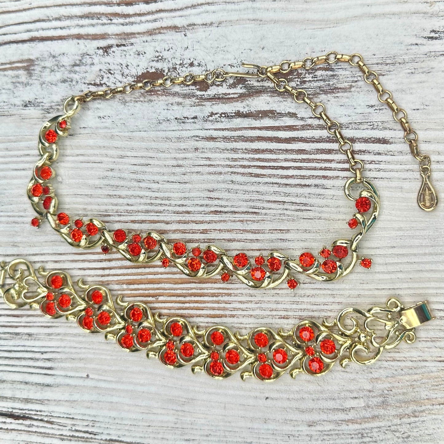 Signed Coro Bracelet and Necklace with Brilliant Orange Crystals in Gold tone