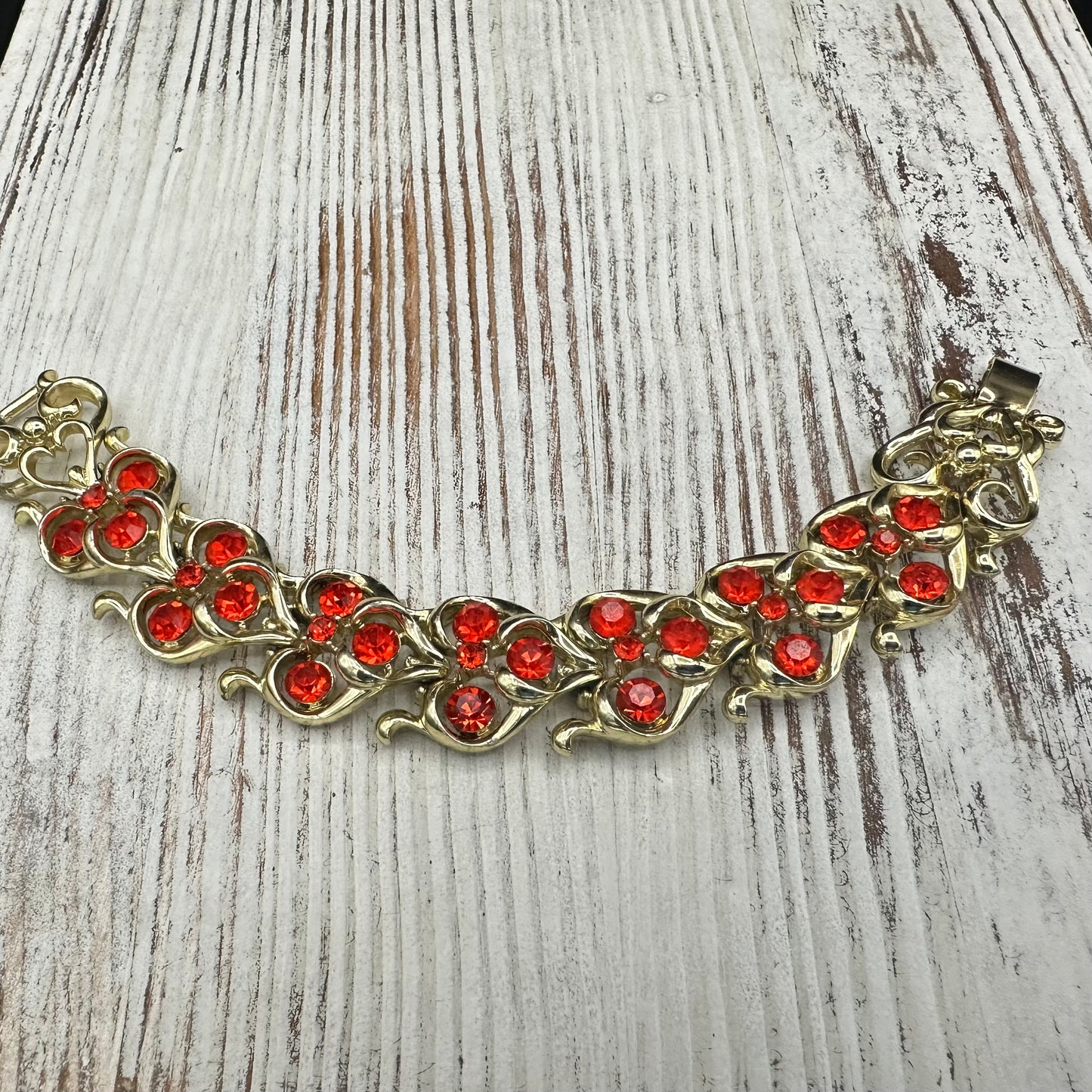 Signed Coro Bracelet and Necklace with Brilliant Orange Crystals in Gold tone