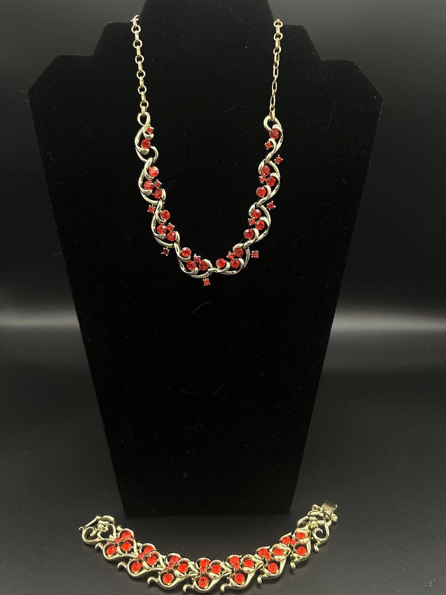Signed Coro Bracelet and Necklace with Brilliant Orange Crystals in Gold tone