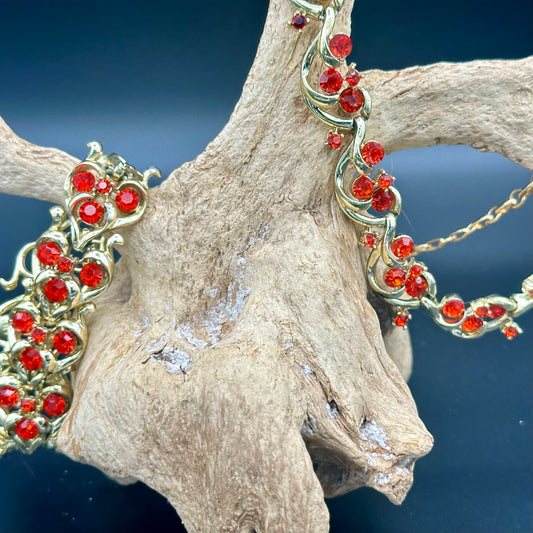 Signed Coro Bracelet and Necklace with Brilliant Orange Crystals in Gold tone