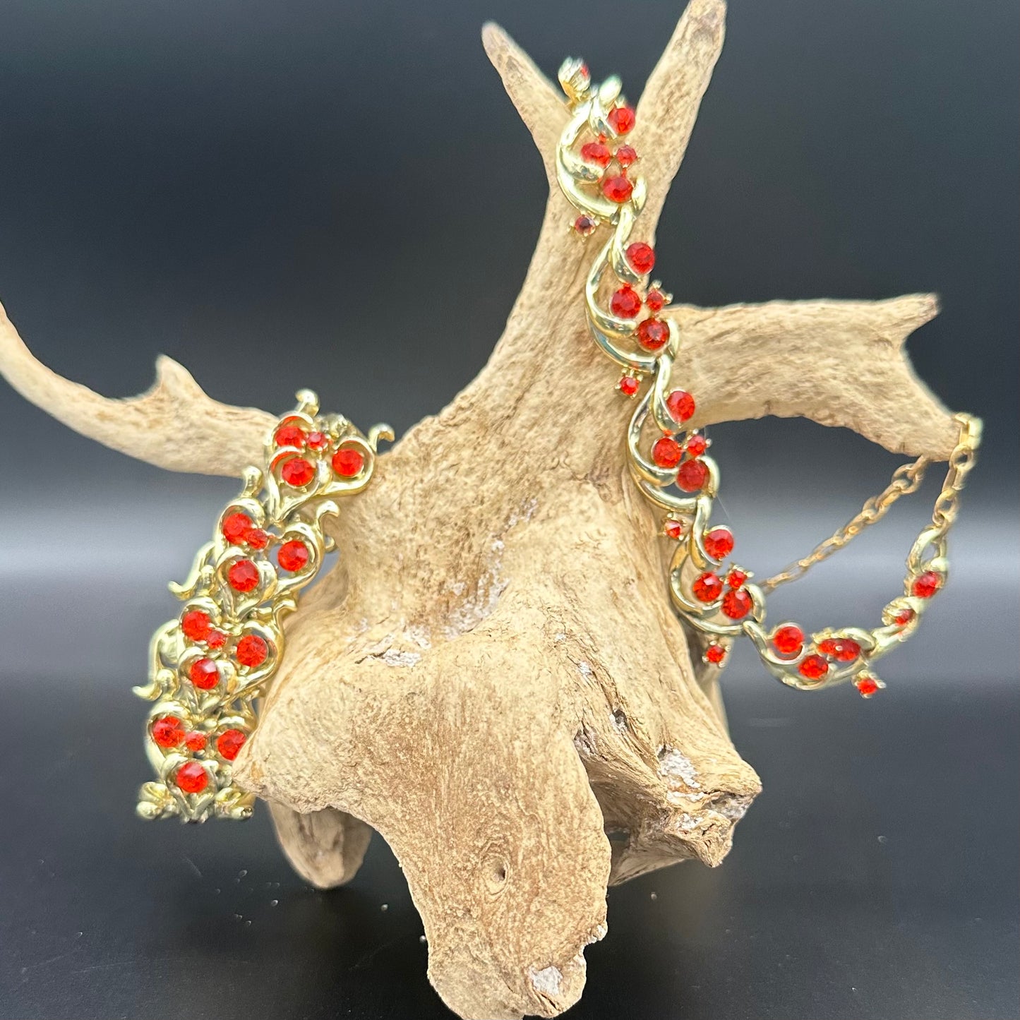 Signed Coro Bracelet and Necklace with Brilliant Orange Crystals in Gold tone