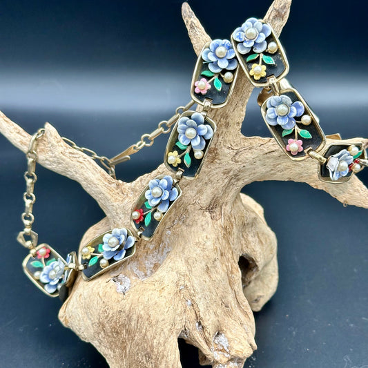 Vintage “Alice” Enamel Bracelet and necklace set with Flowers and Faux Pearls