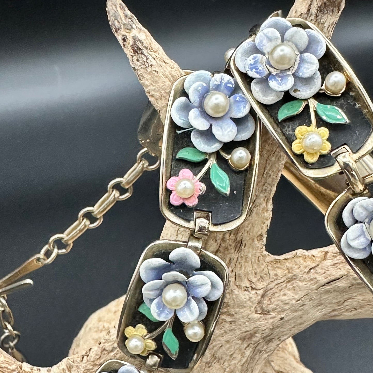 Vintage “Alice” Enamel Bracelet and necklace set with Flowers and Faux Pearls