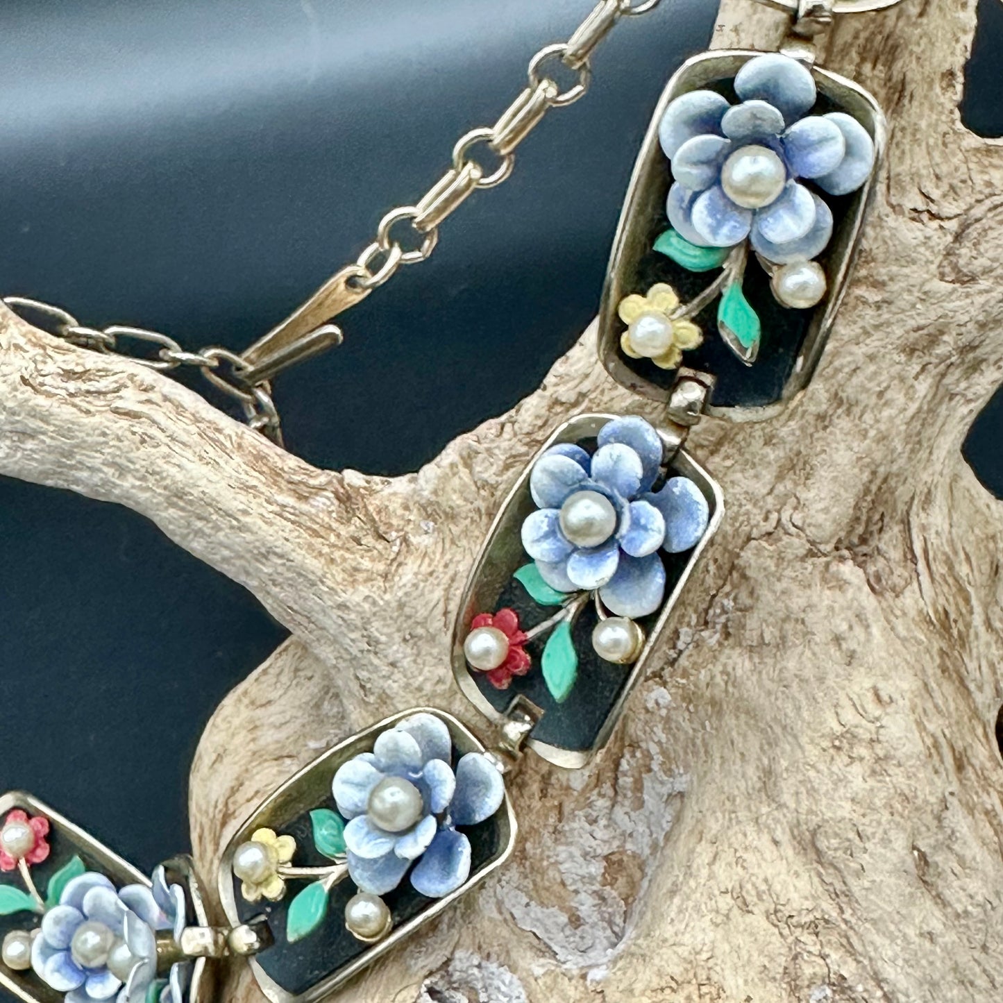 Vintage “Alice” Enamel Bracelet and necklace set with Flowers and Faux Pearls