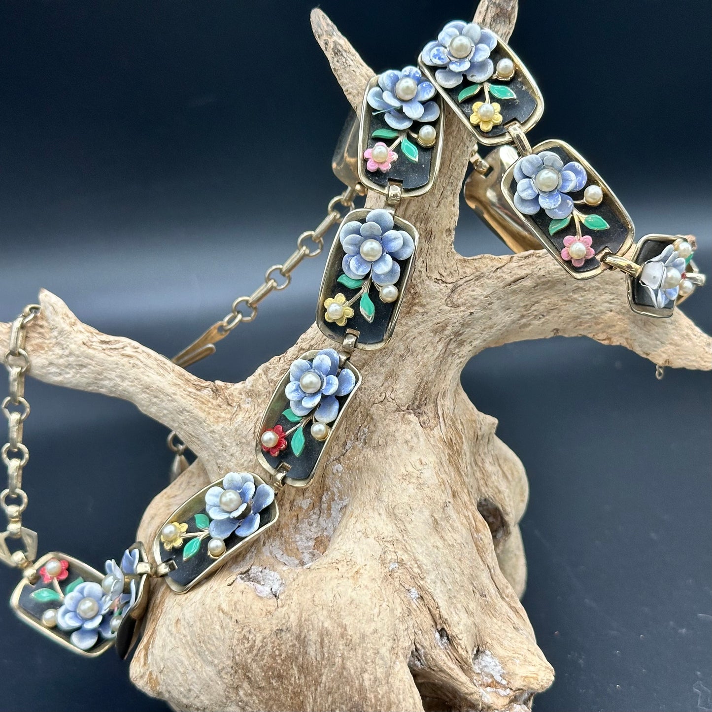 Vintage “Alice” Enamel Bracelet and necklace set with Flowers and Faux Pearls