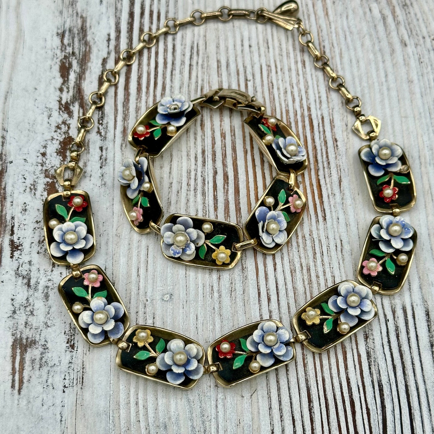 Vintage “Alice” Enamel Bracelet and necklace set with Flowers and Faux Pearls