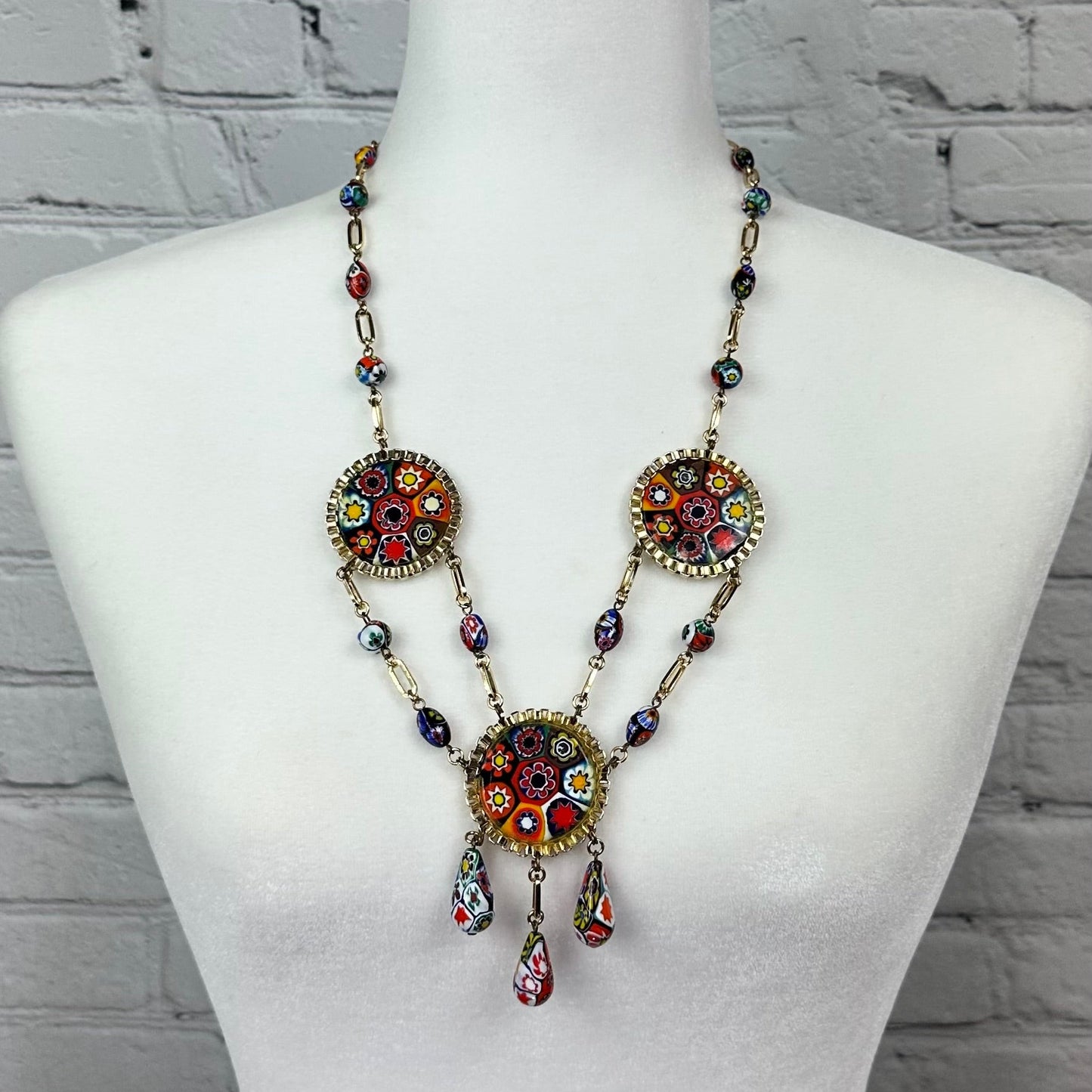 Faux Millefiori and Gold Tone Necklace