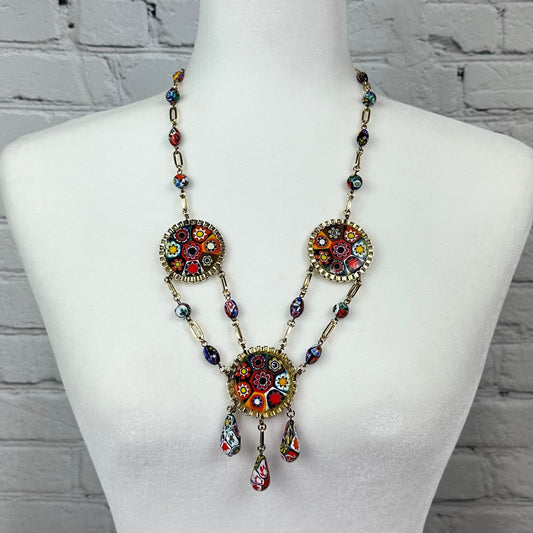 Faux Millefiori and Gold Tone Necklace