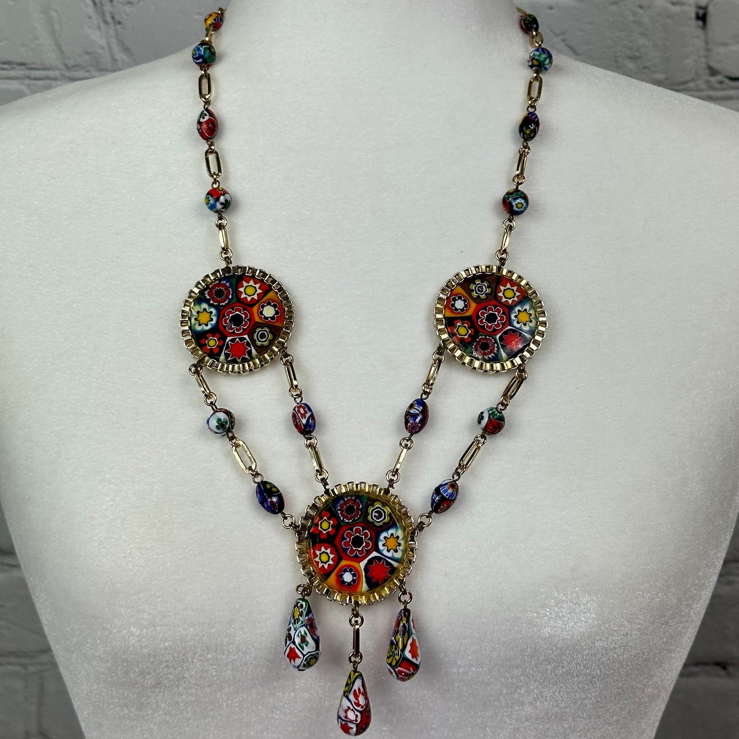 Faux Millefiori and Gold Tone Necklace