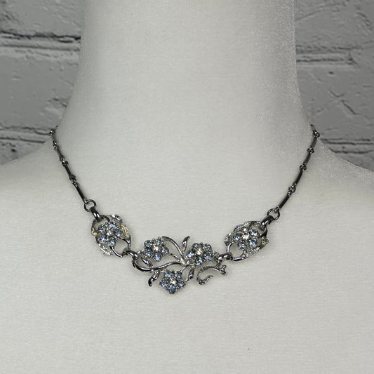 Aquamarine and White Crystal floral spray set in Rhodium Plating Necklace