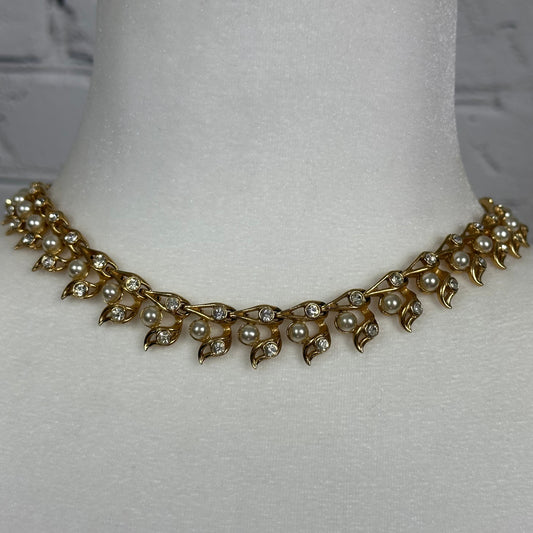 Faux Pearl and Crystal Choker in Gold Tone