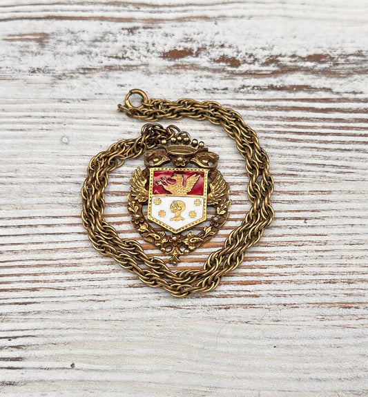 Vintage Coro Red and White Heraldic Crest Pendant Necklace on Gold Tone Chain