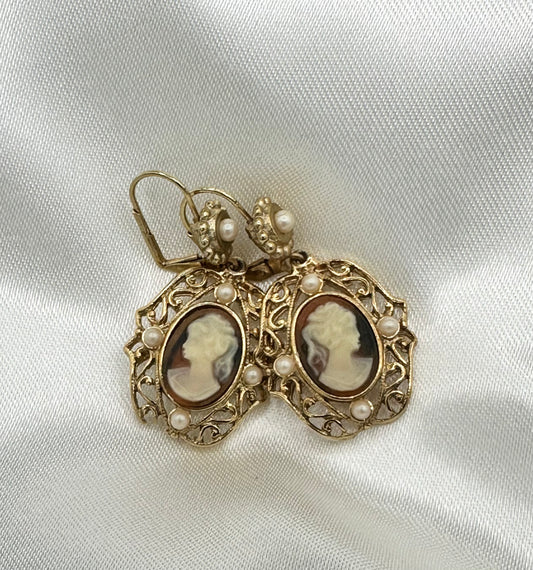 Vintage Jessica Stevens Victorian style Faux Cameo and Faux Pearl Drop Earrings in Gold Tone