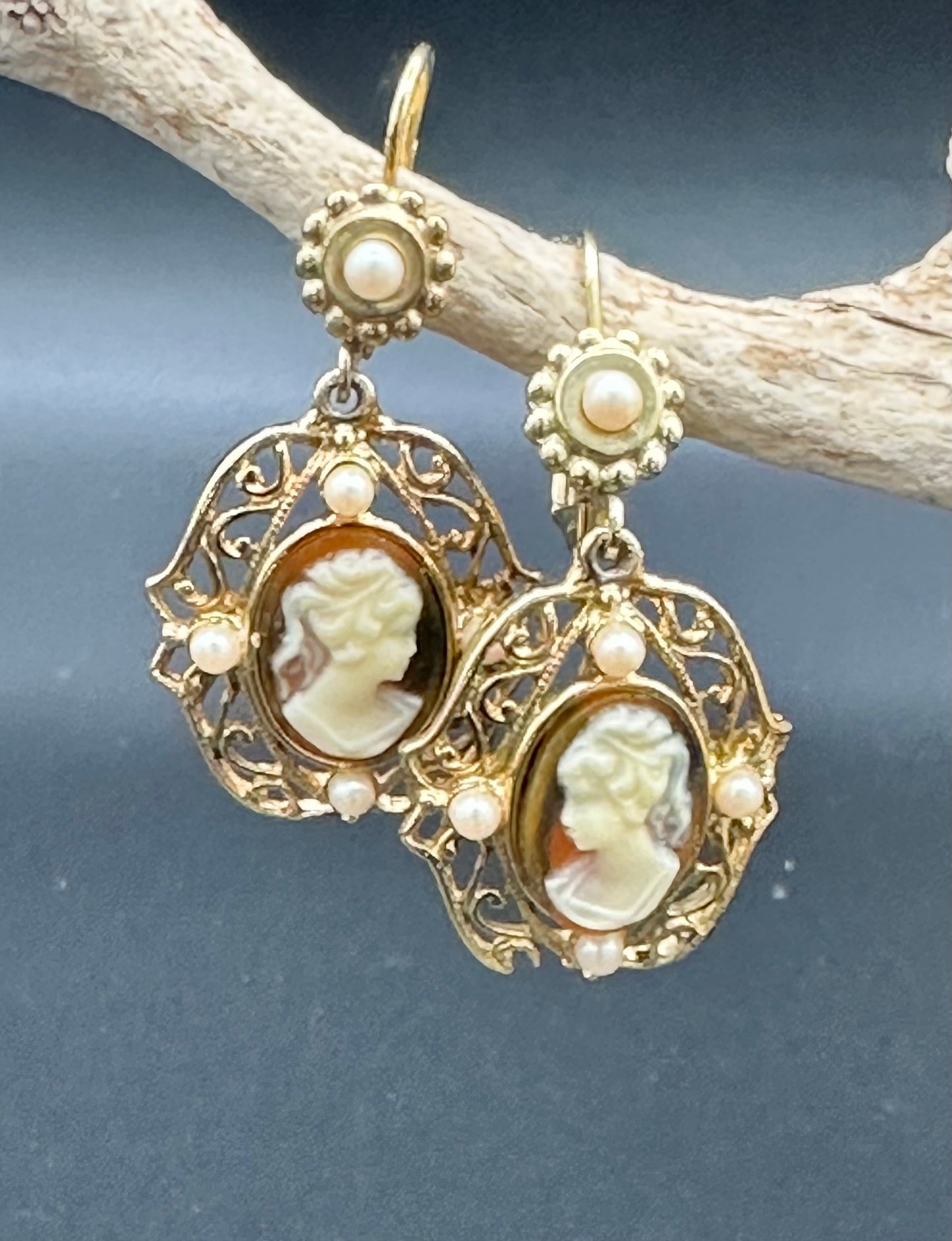 Vintage Jessica Stevens Victorian style Faux Cameo and Faux Pearl Drop Earrings in Gold Tone