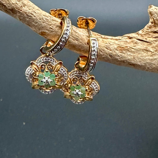 Emerald flower with diamond accent earrings in YG plated sterling silver