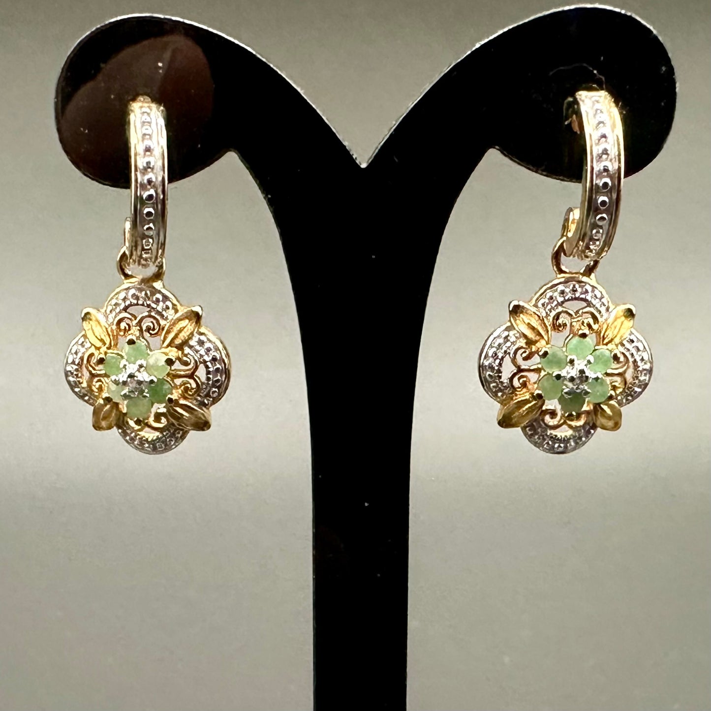Emerald flower with diamond accent earrings in YG plated sterling silver