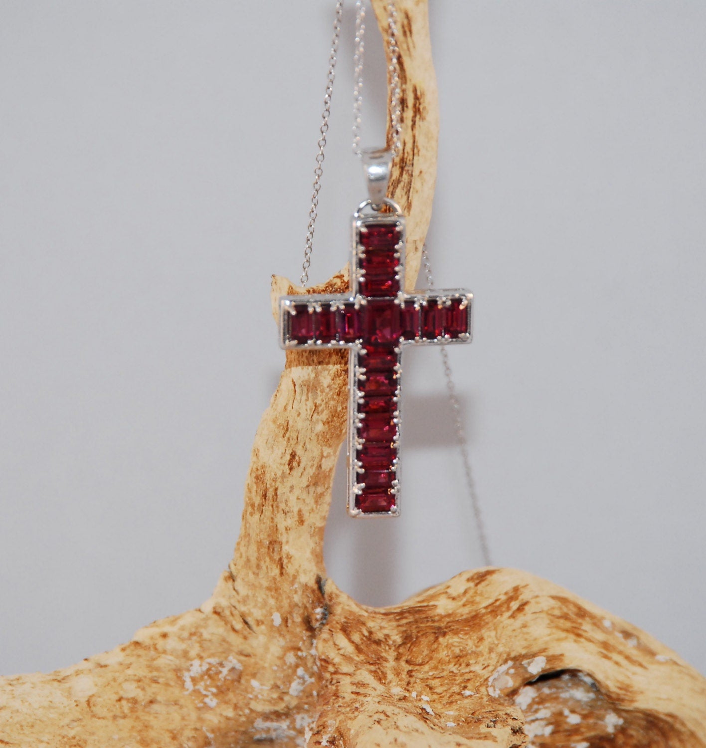 Umba River Rhodolite Garnet Cross Pendant on Sterling Silver Chain