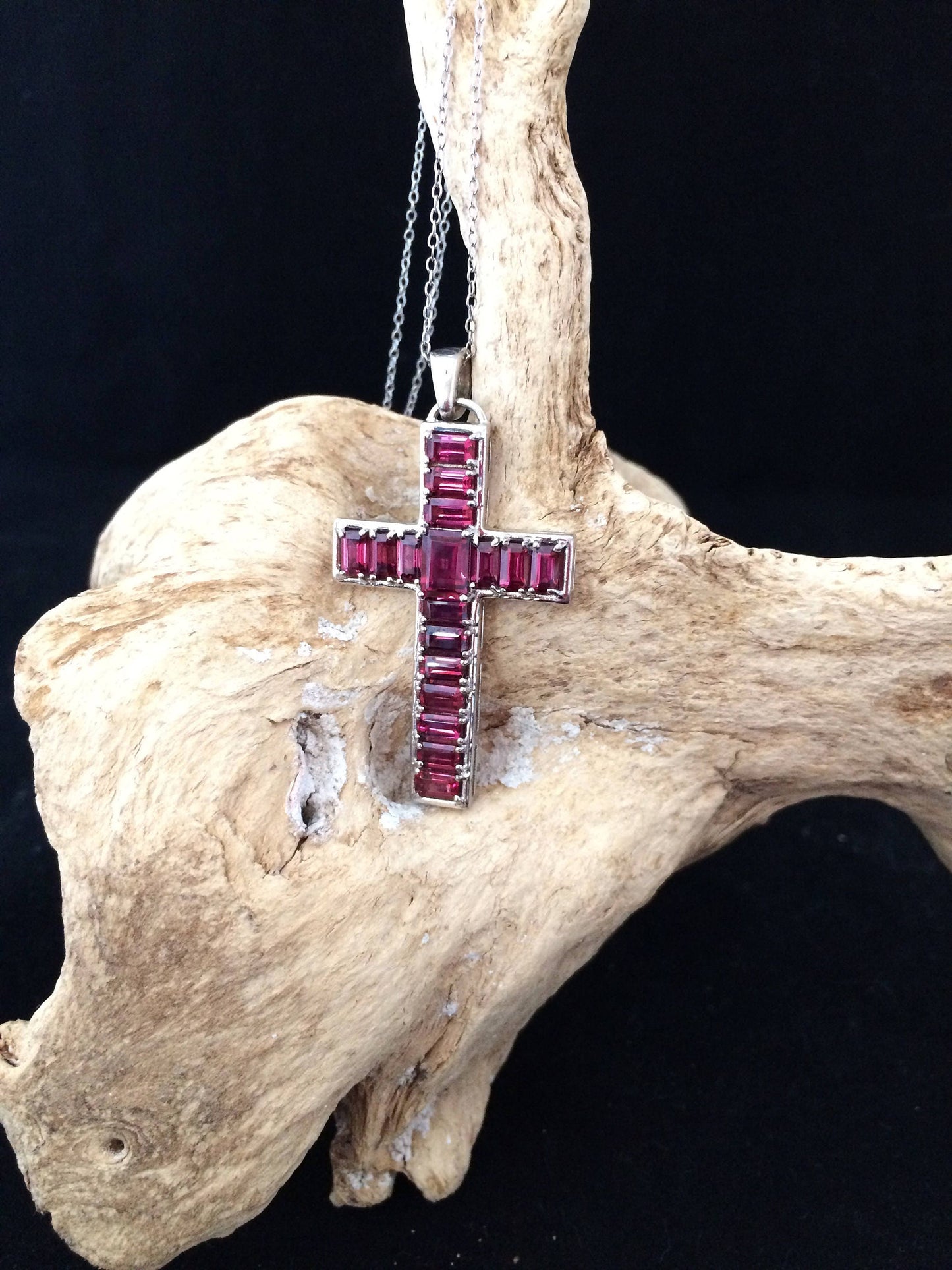 Umba River Rhodolite Garnet Cross Pendant on Sterling Silver Chain